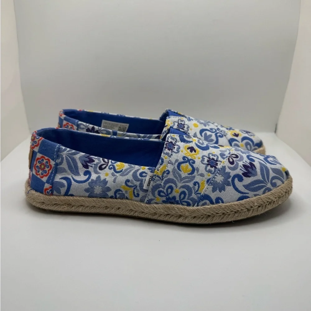 TOMS Women’s Alpargata Rope Espadrilles in Blue Mediterranean Tiles Print Sz 7